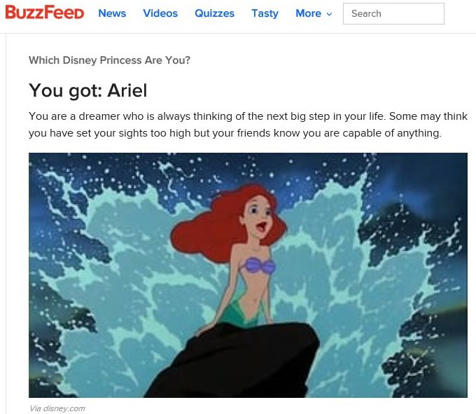 Screenshot of BuzzFeed Disney princess quiz showing Ariel from The Little Mermaid