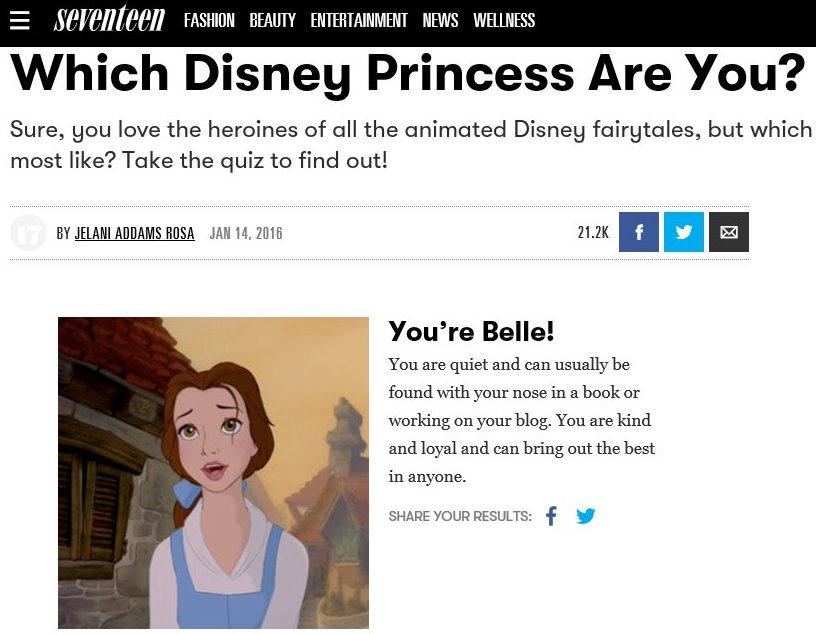 Screenshot from Seventeen Magazine showing Belle from Beauty and the Beast on a Disney princess quiz