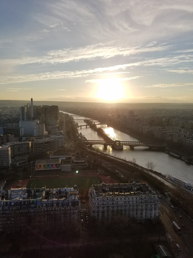 Sunset over the Seine River in Paris, viewed from above