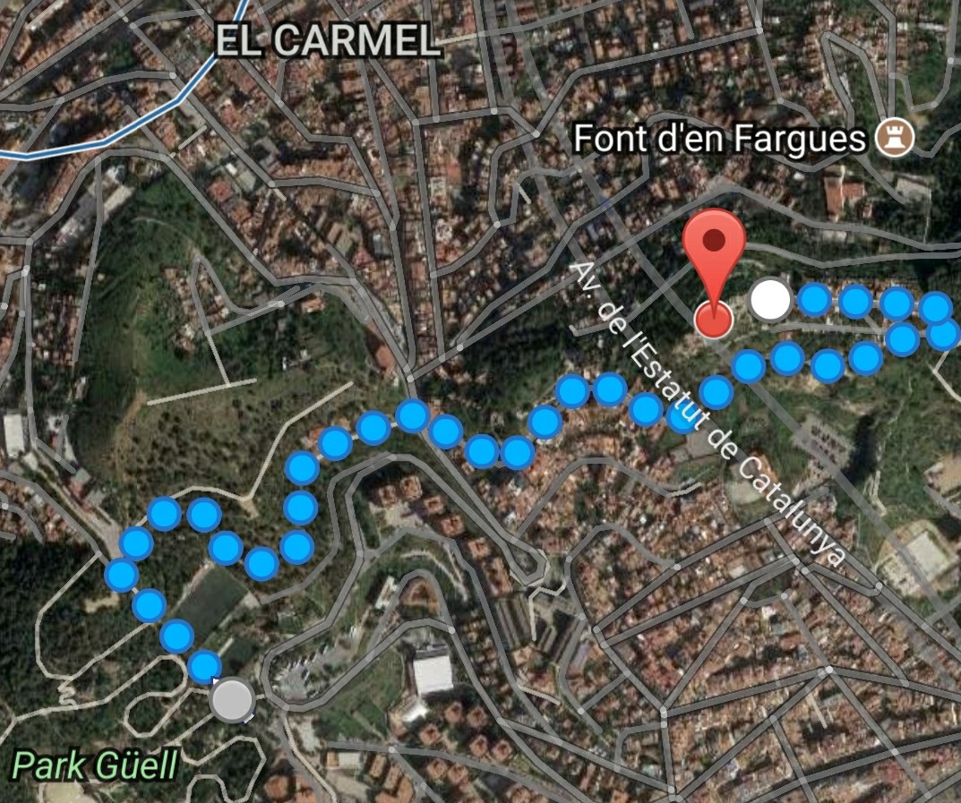 Map of Barcelona showing path from Park Guell to the Bunkers of Carmel