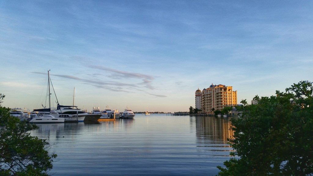 Marina in Sarasota, Florida with boats and the bay in the background