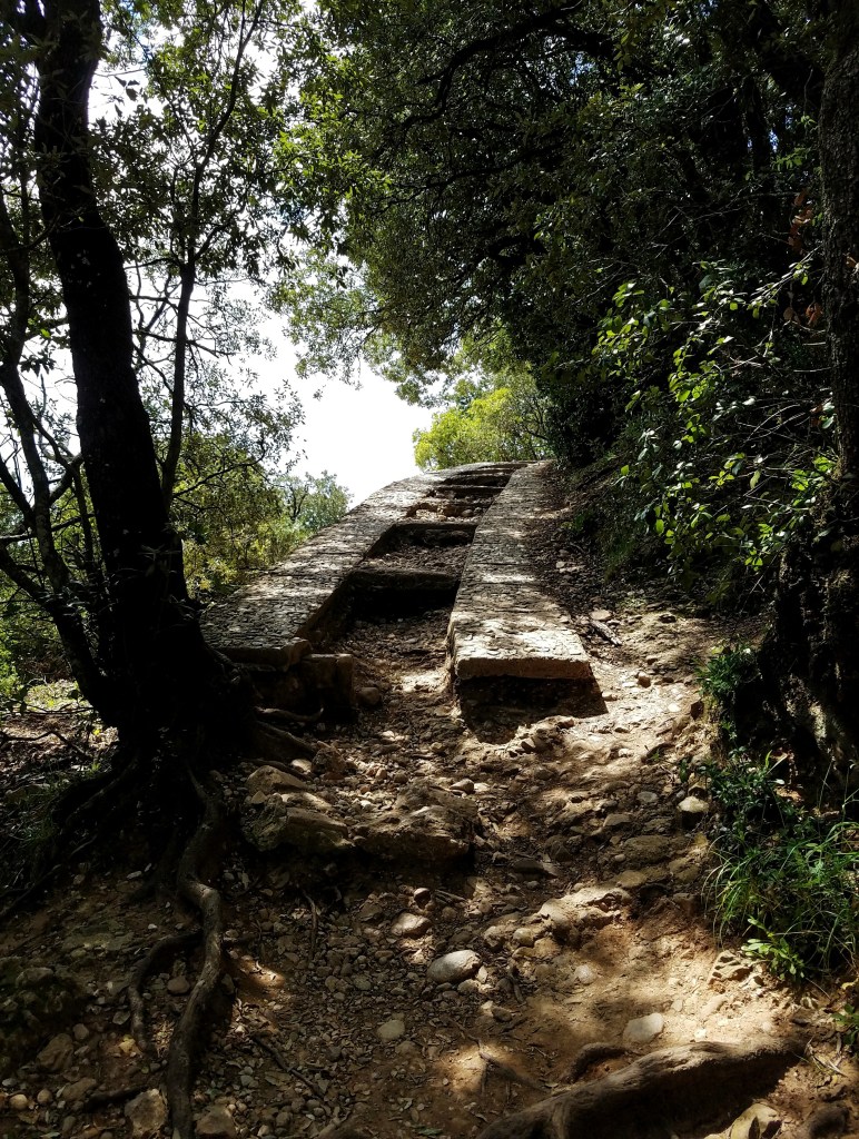 Stone steps on a hiking path at Sant Jeroni in Montserrat Spain