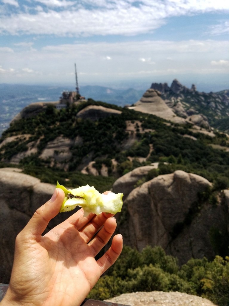 Hand holding an apple core with mountains in the background