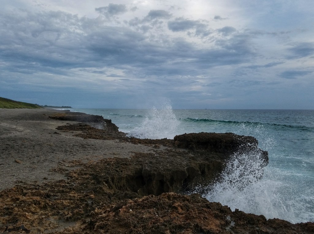 Water spraying against limestone rock at Blowing Rocks Preserve in Florida