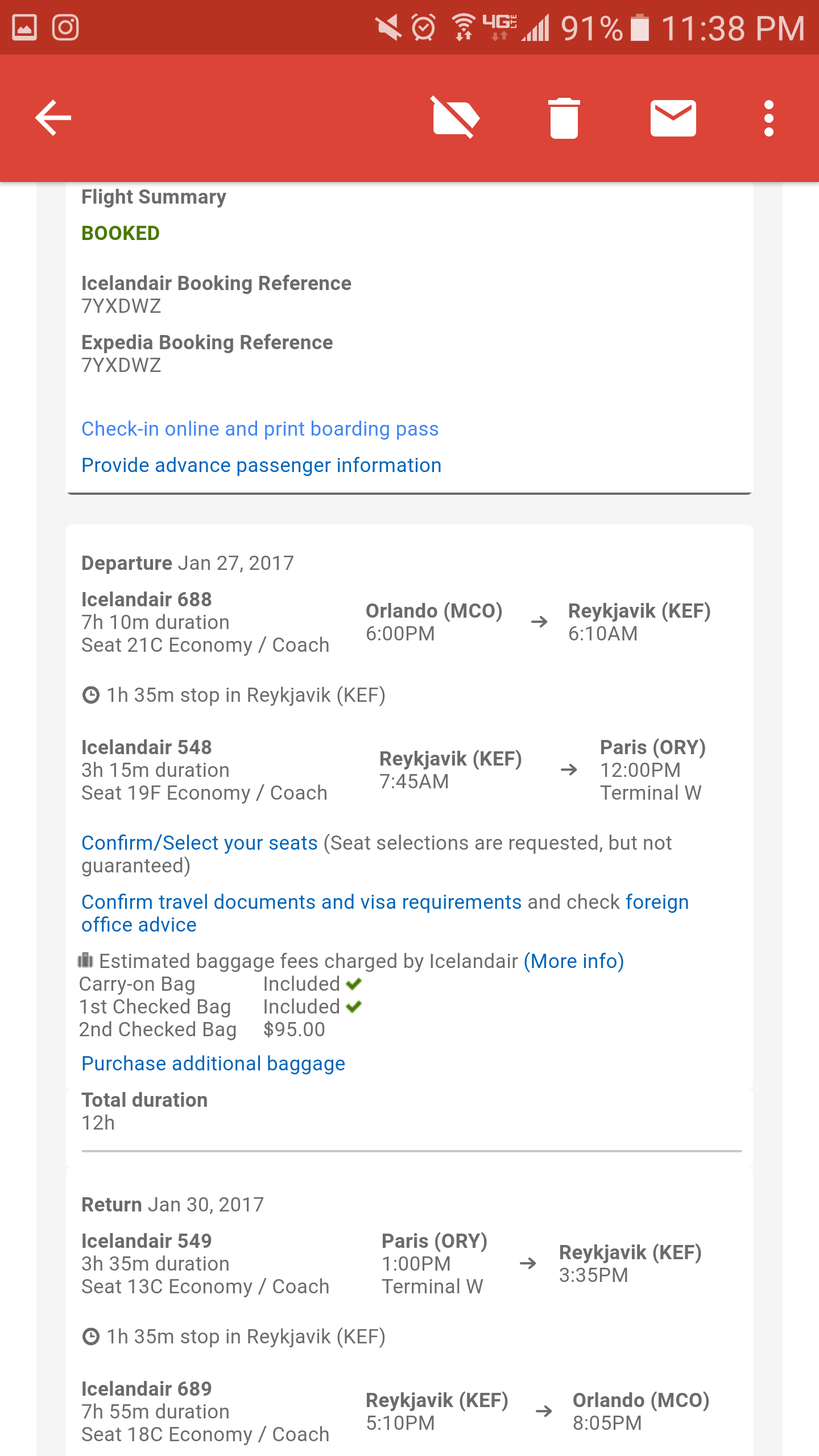 Screen shot of flight itinerary