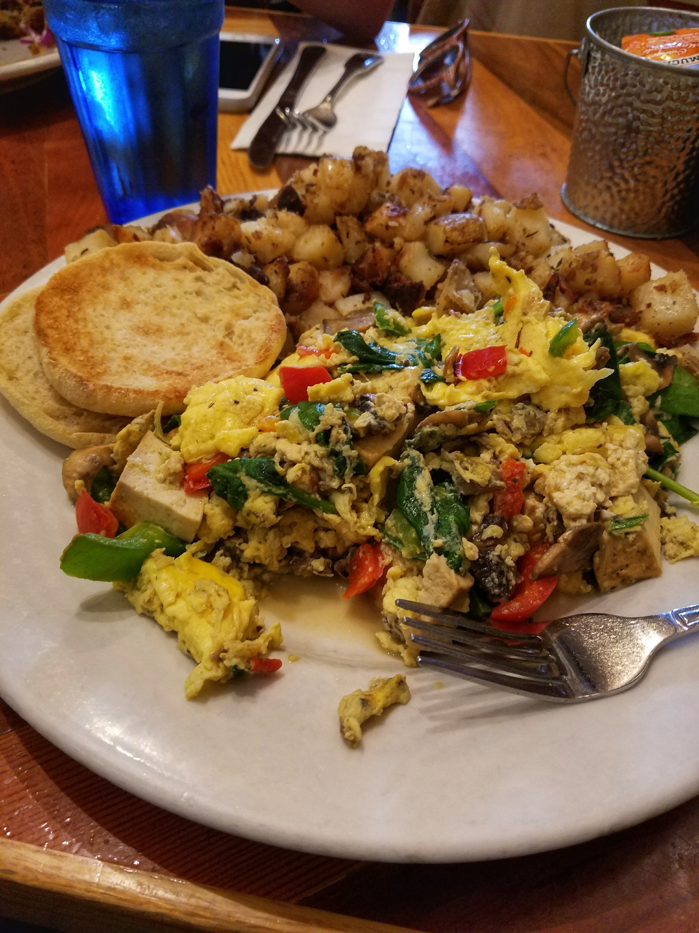 Egg scramble with English muffin and diced potatoes