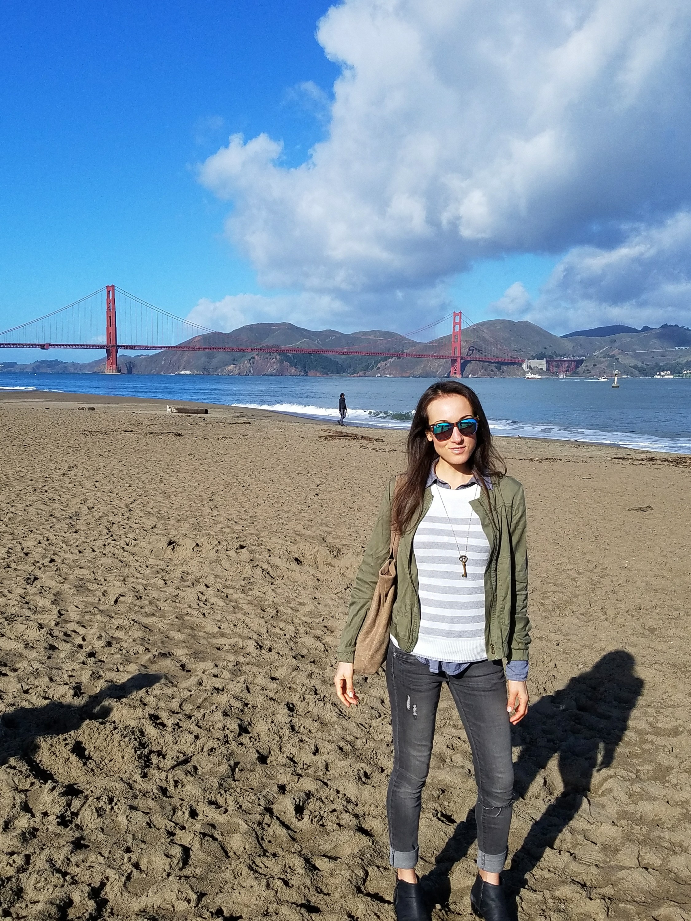 Women on a beach next to Golden Gate Bridge