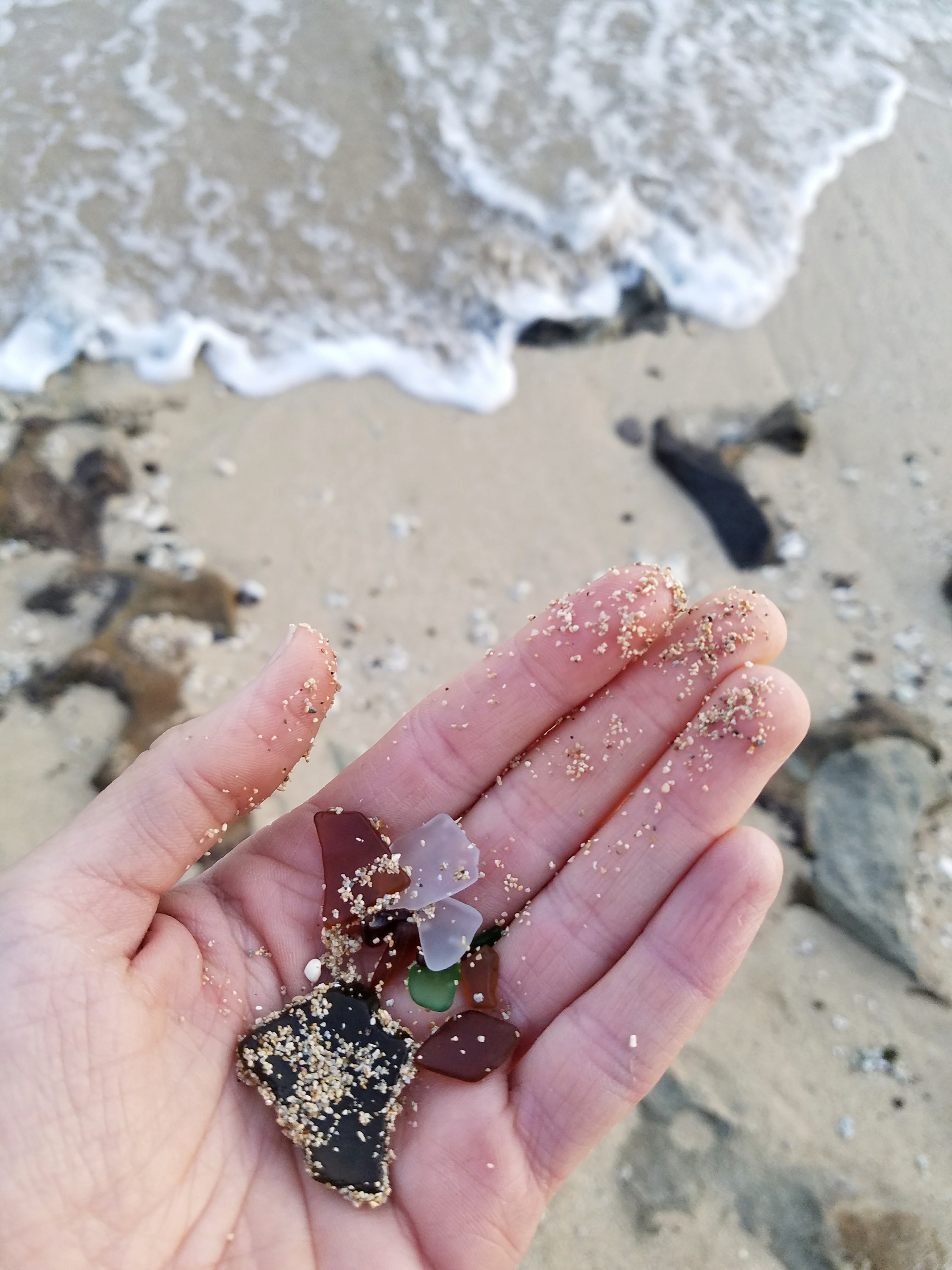 A hand holding pieces of seaglass at the beach