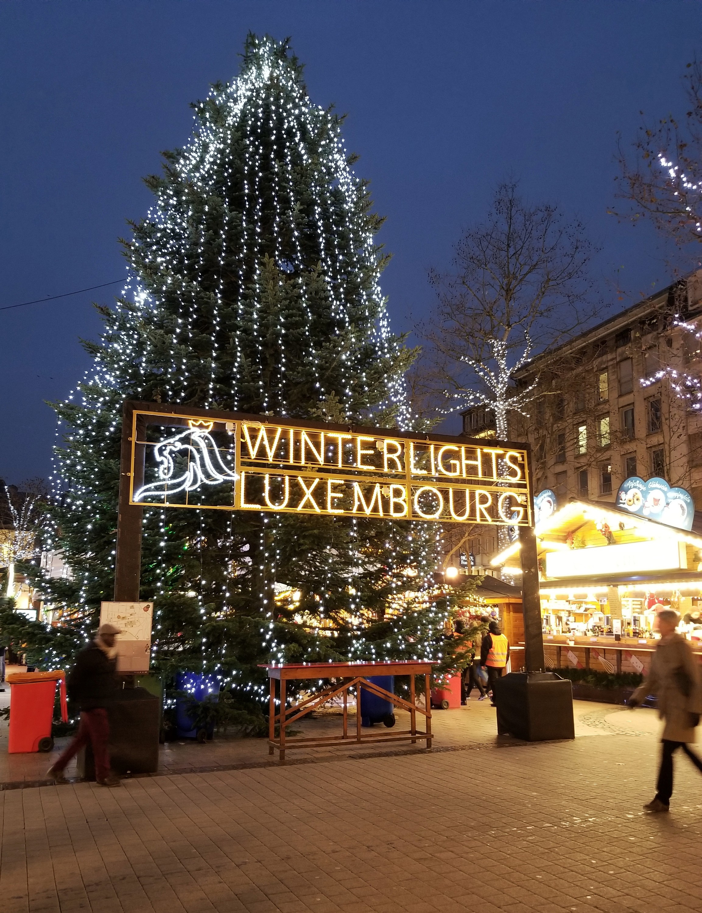 Lighted sign that reads "Winter Lights Luxembourg" in front of a tall lighted Christmas tree