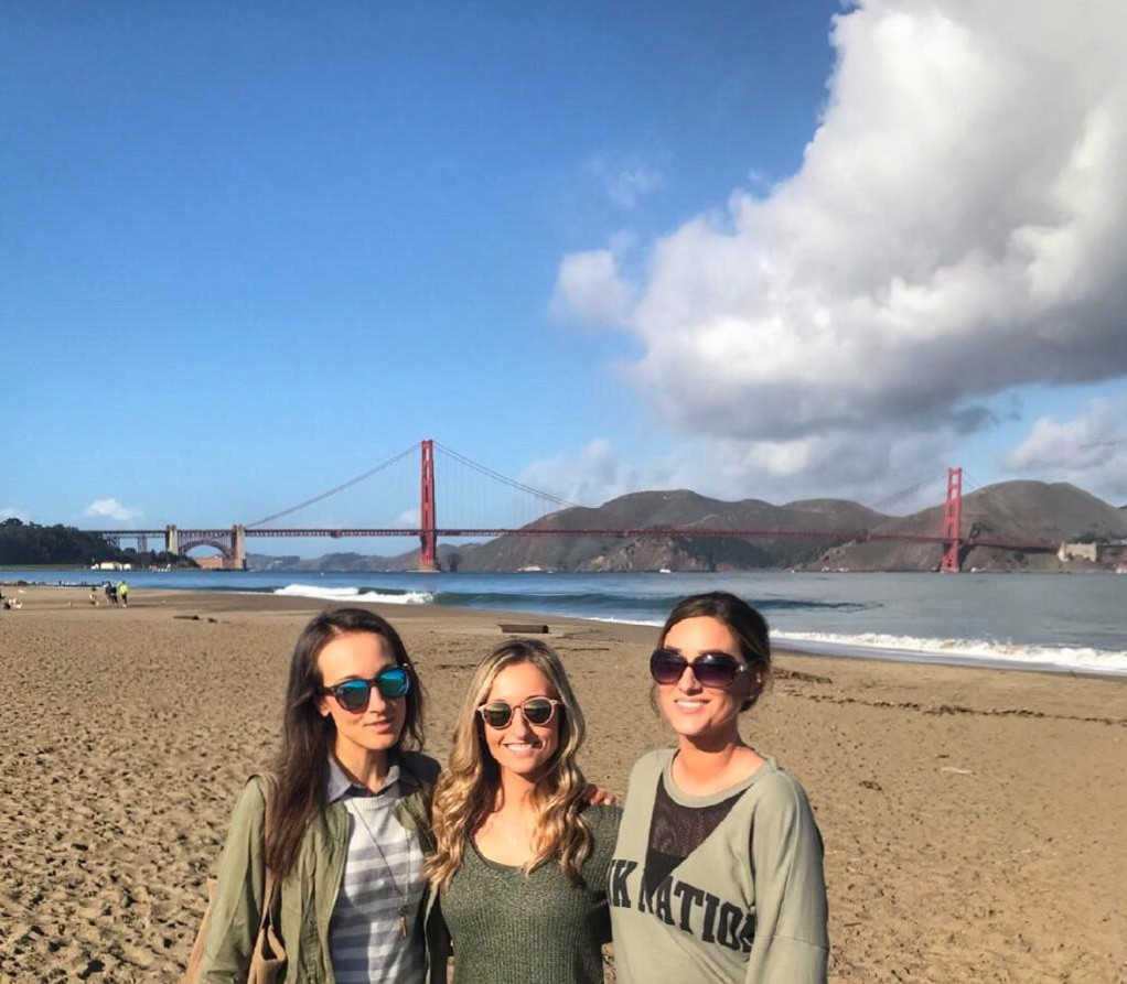 Three women standing on a beach in front of the Golden Gate Bridge in San Francisco California