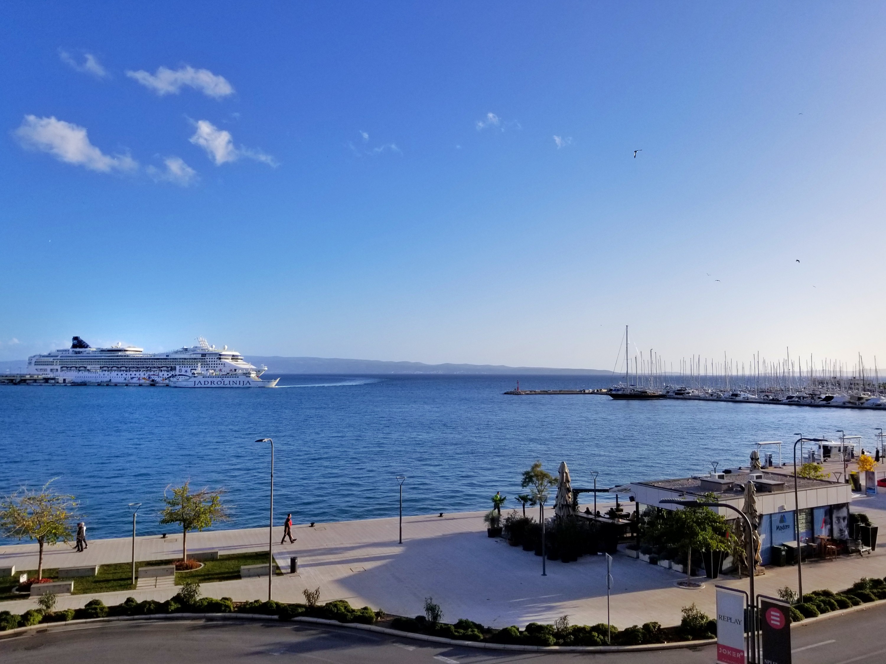 A harbor with a cruise ship and sailboats
