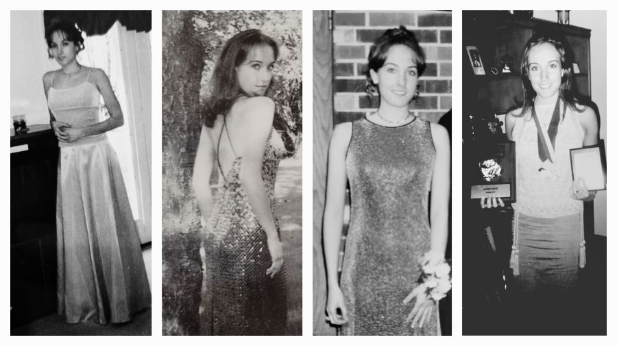 Four black and white photos of a teenage girl dressed up