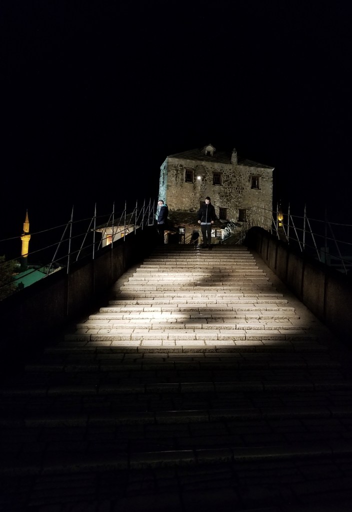Stari Most bridge at night in Mostar, Bosnia and Herzegovina