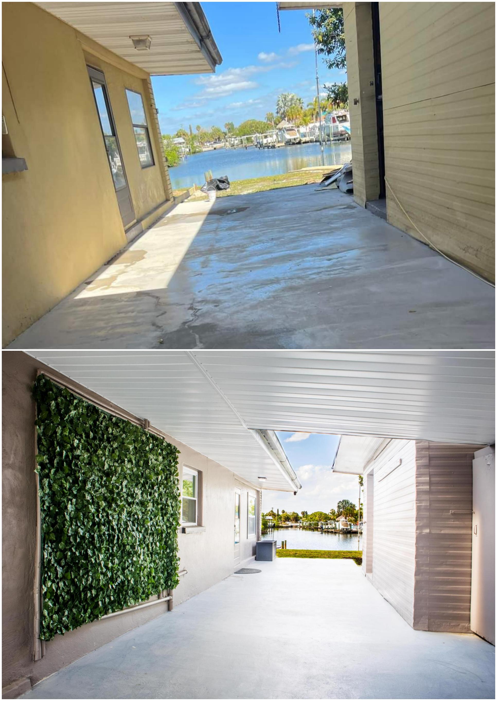 Breezeway of Mid Century Modern house before and after