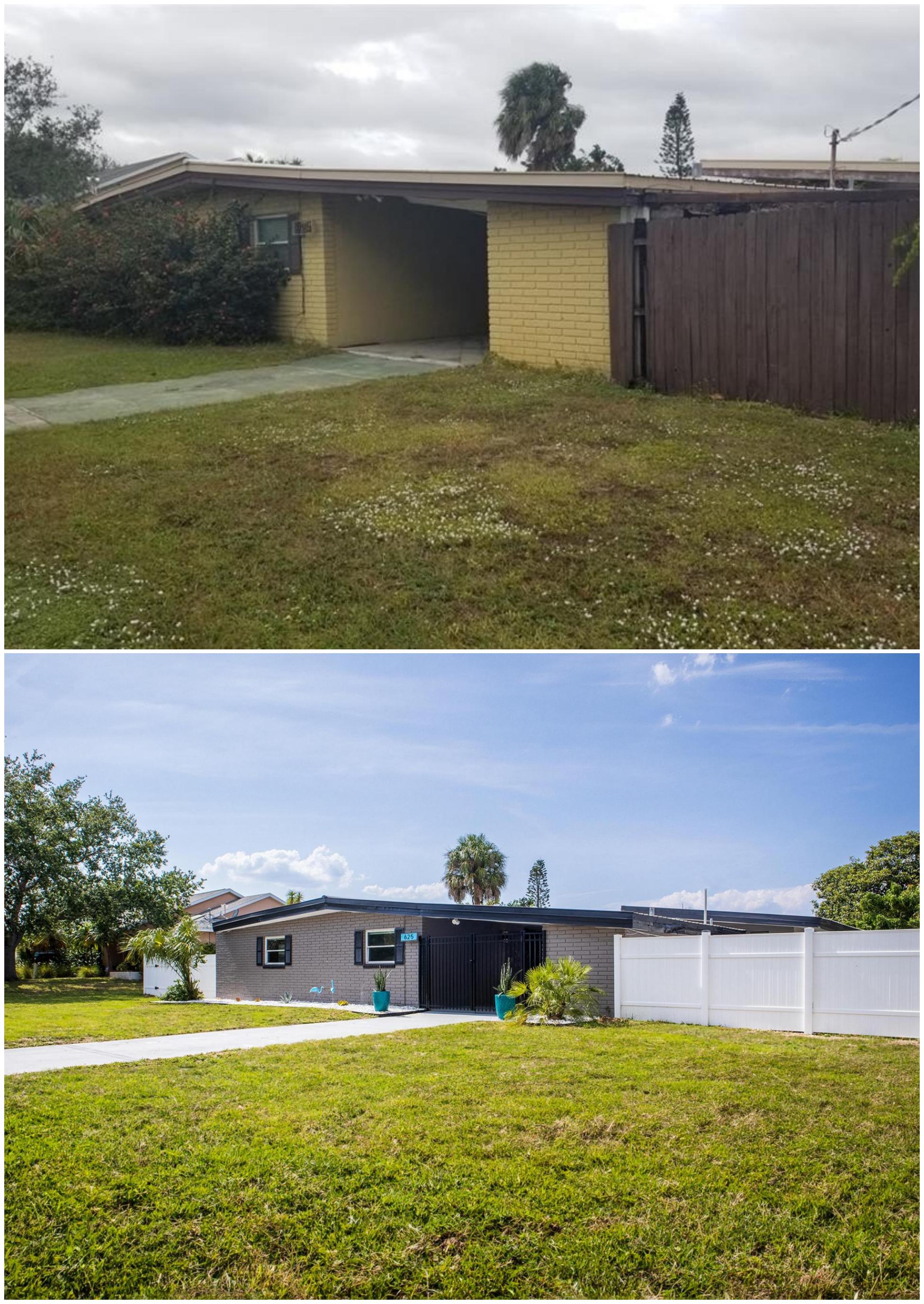 Front of Mid Century Modern house before and after