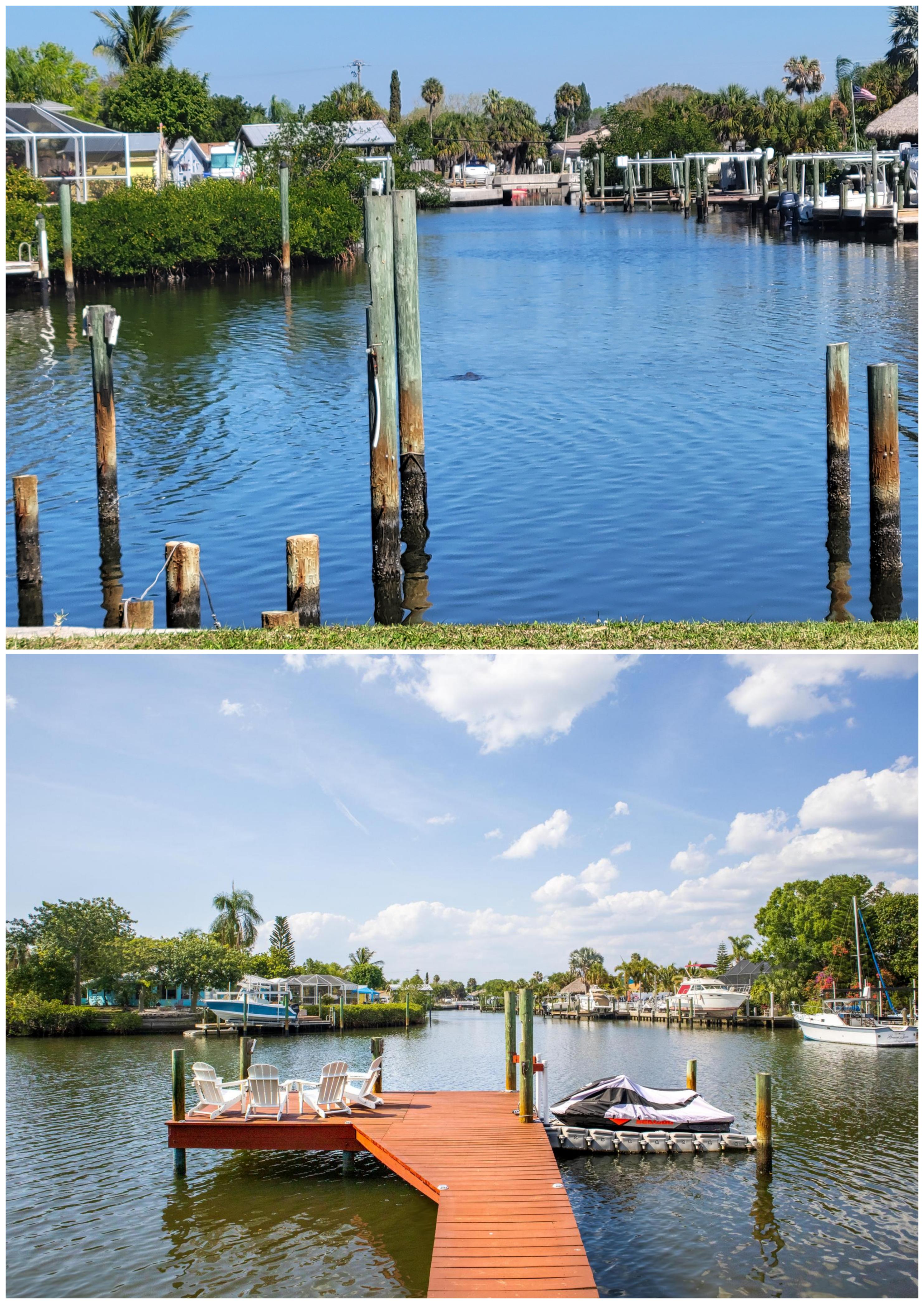 Before and after of a canal without a dock and then with s dock