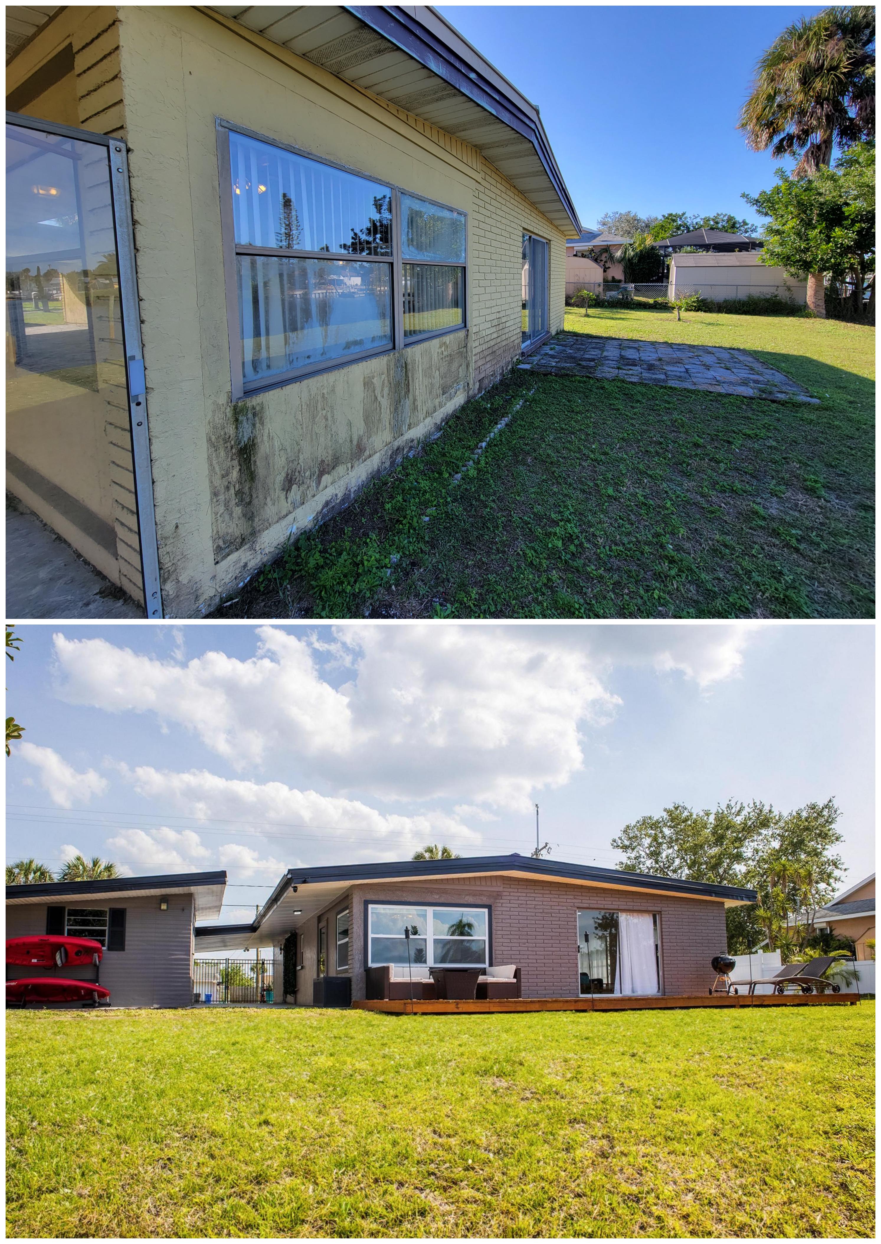 Back of Mid Century Modern house before and after