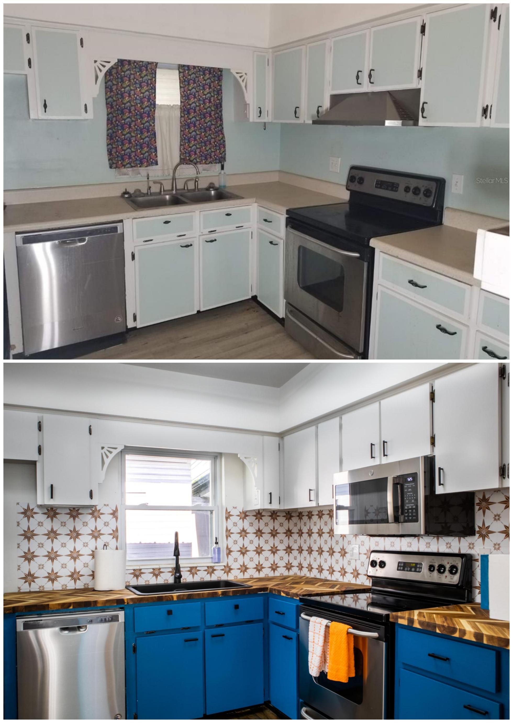 Before and after photos of a kitchen in a house