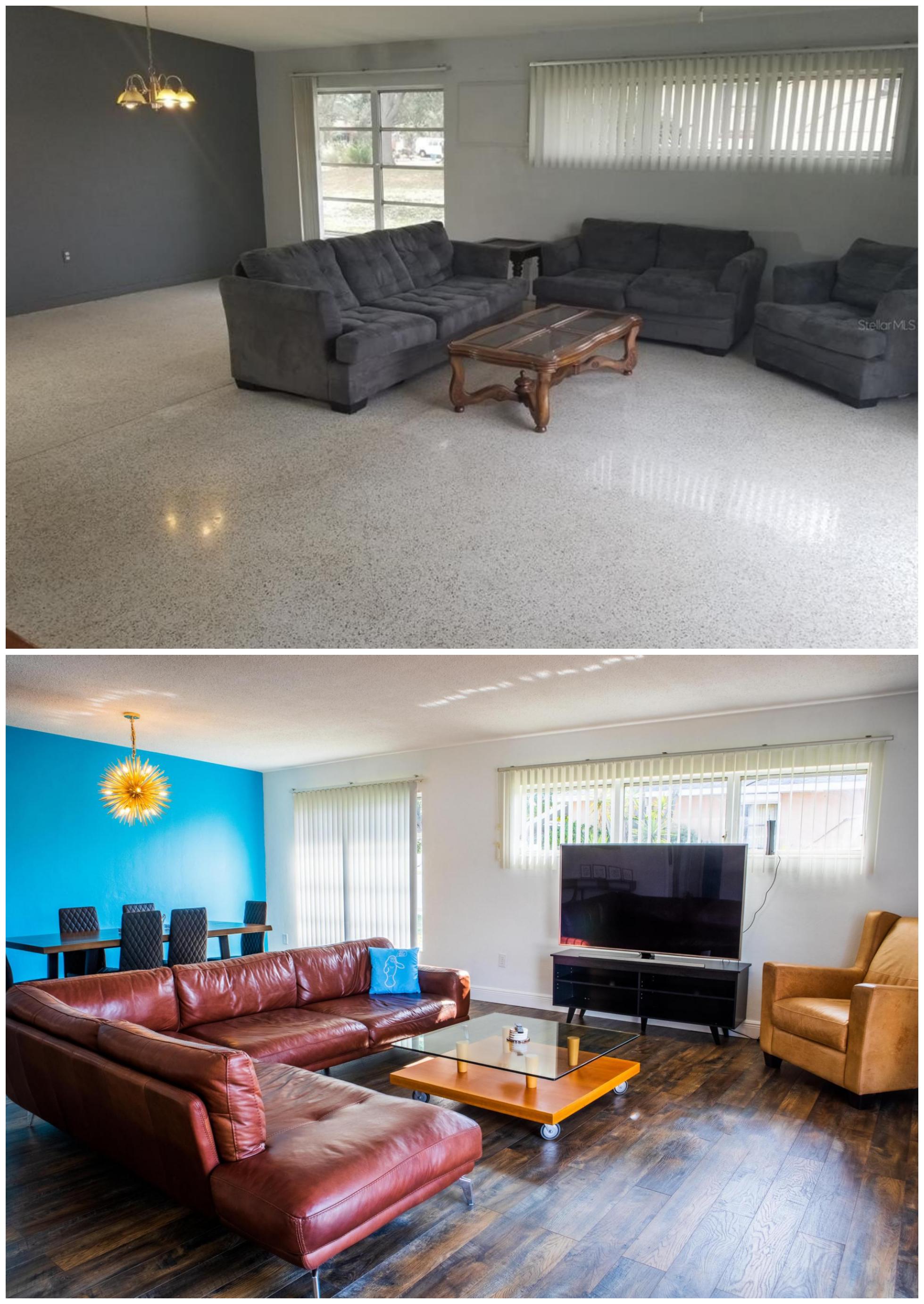 Before and after photos of an open floor plan living room and dining room in a house