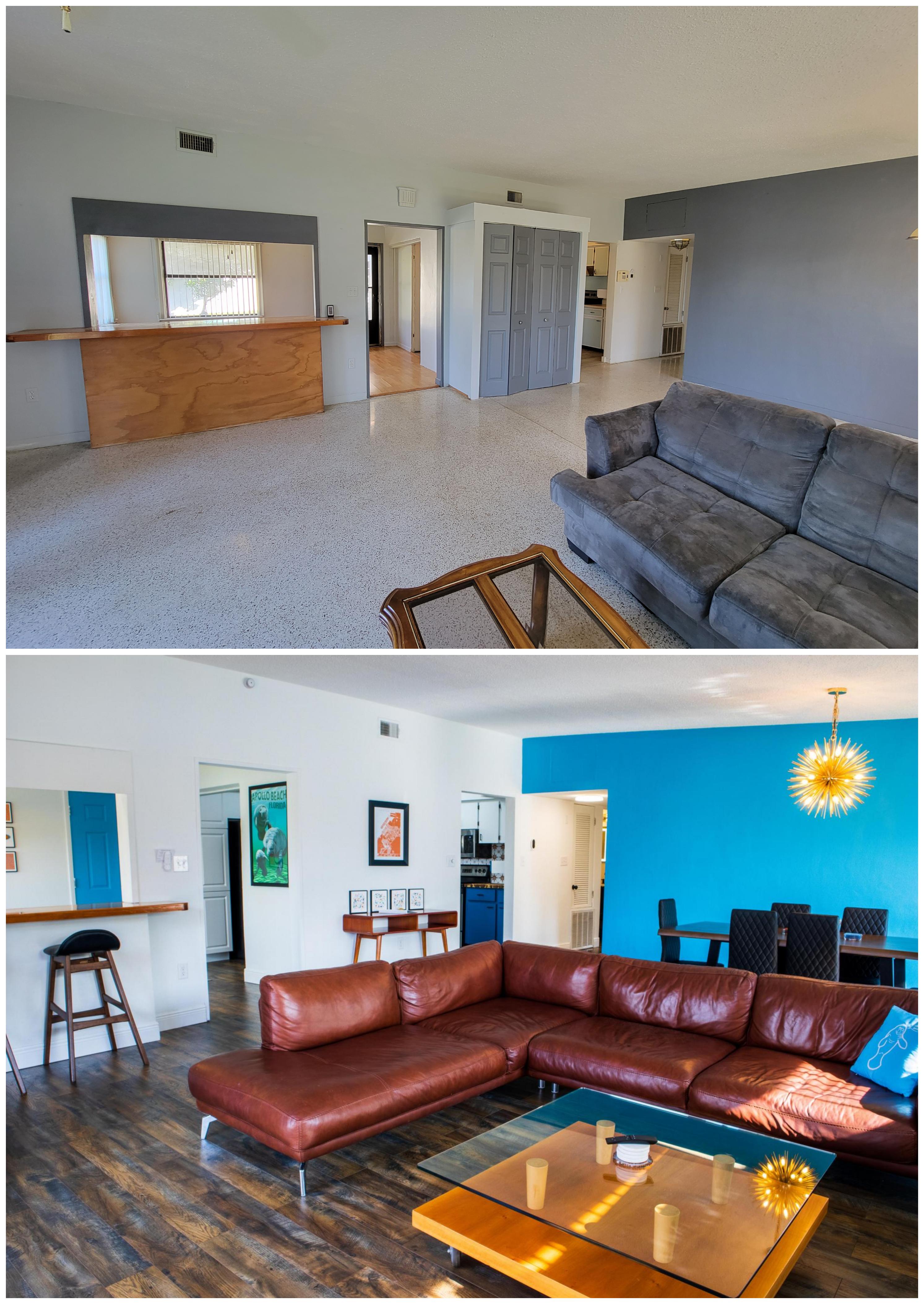 Before and after photos of an open floor plan living room and dining room in a house