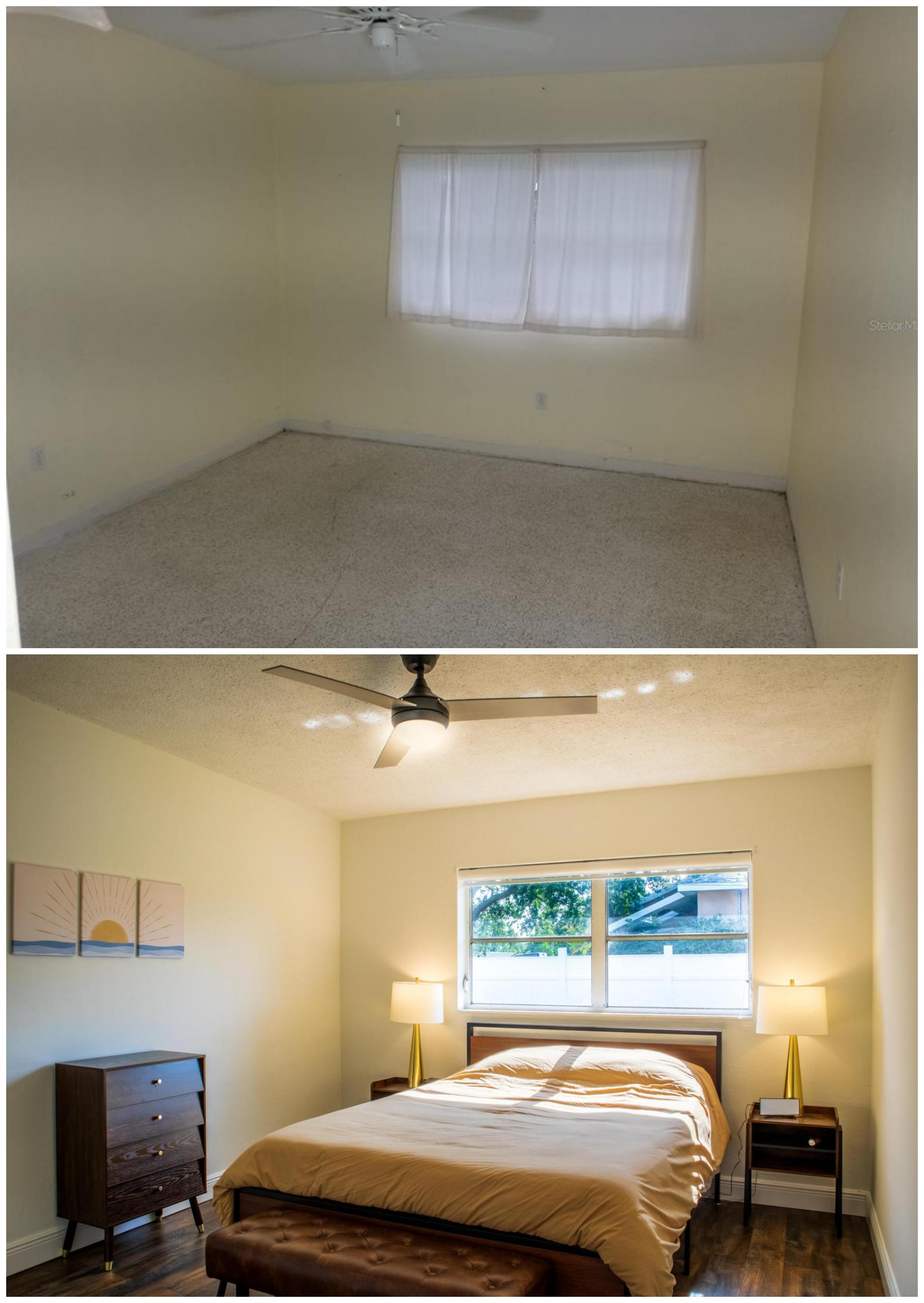 Before and after photos of a bedroom in a house