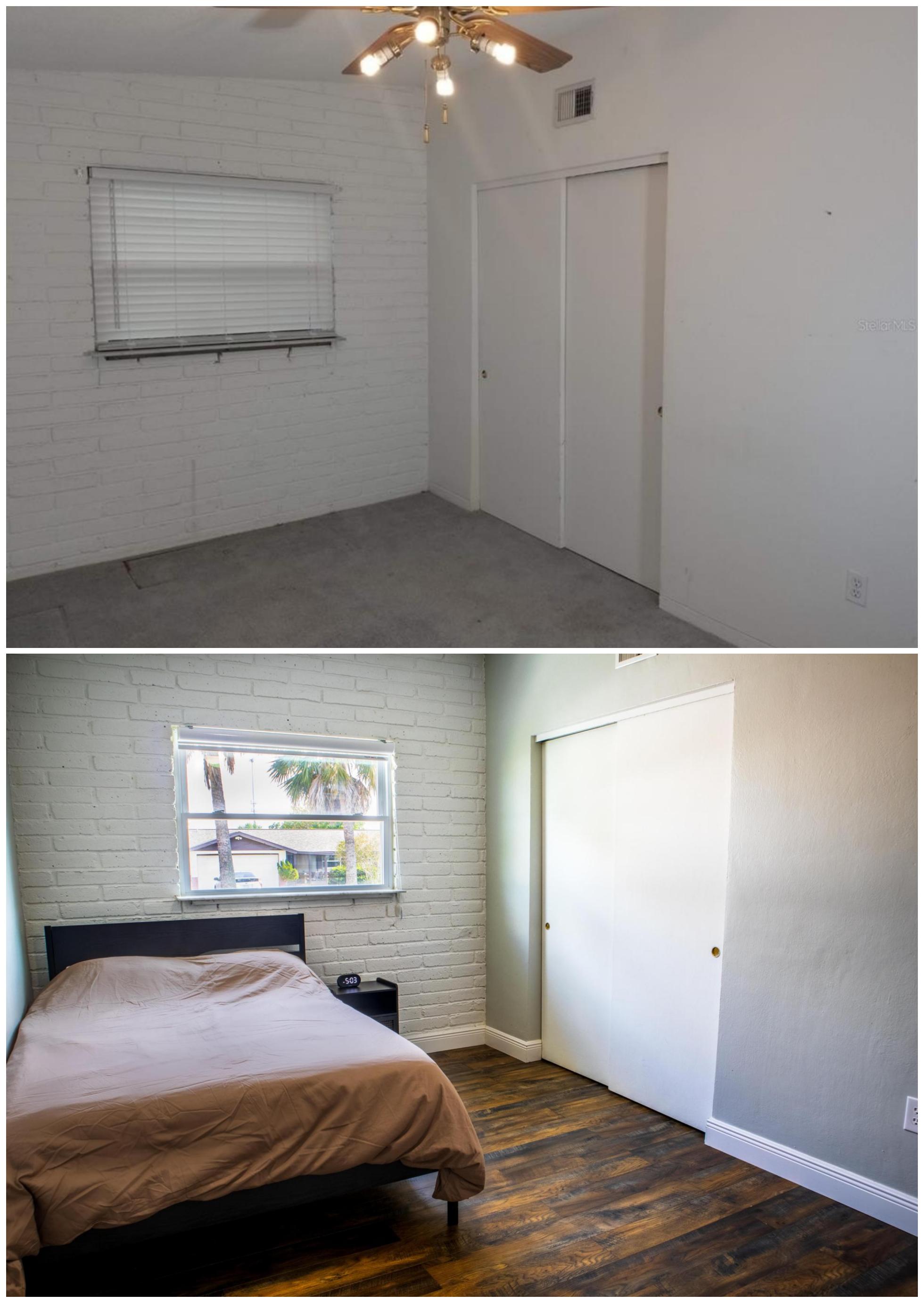 Before and after photos of a bedroom in a house
