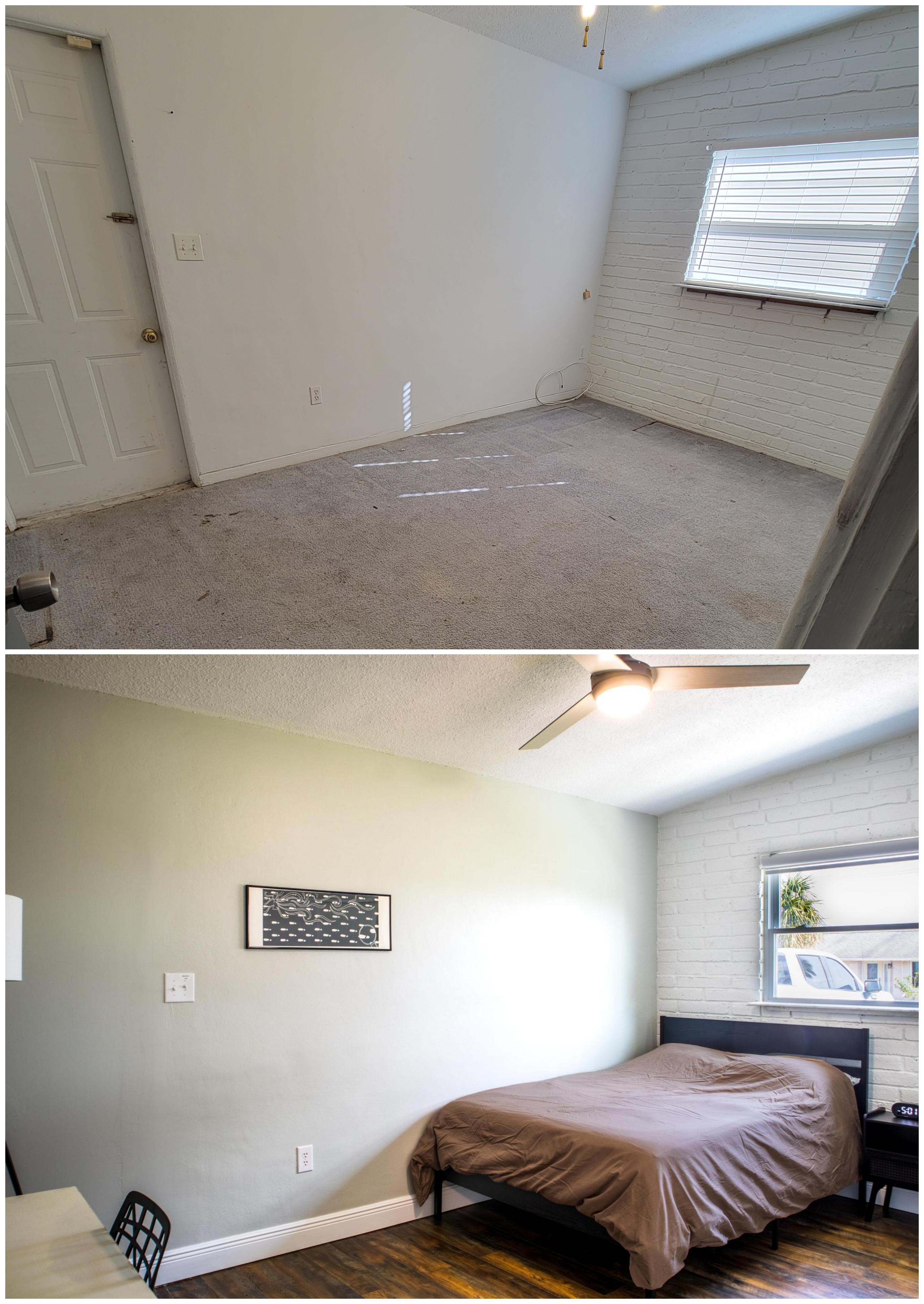 Before and after photos of a bedroom in a house