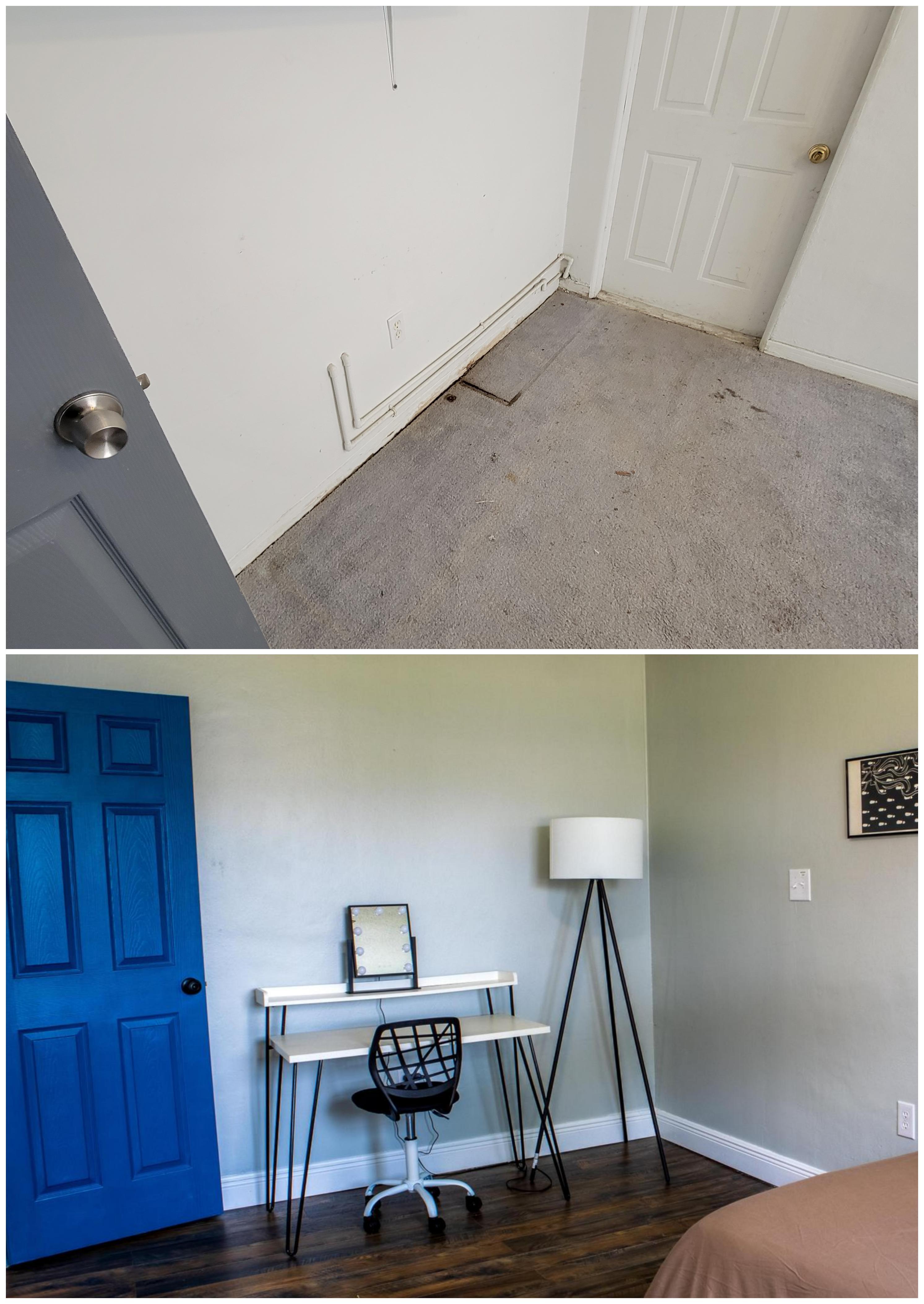 Before and after photos of a bedroom in a house