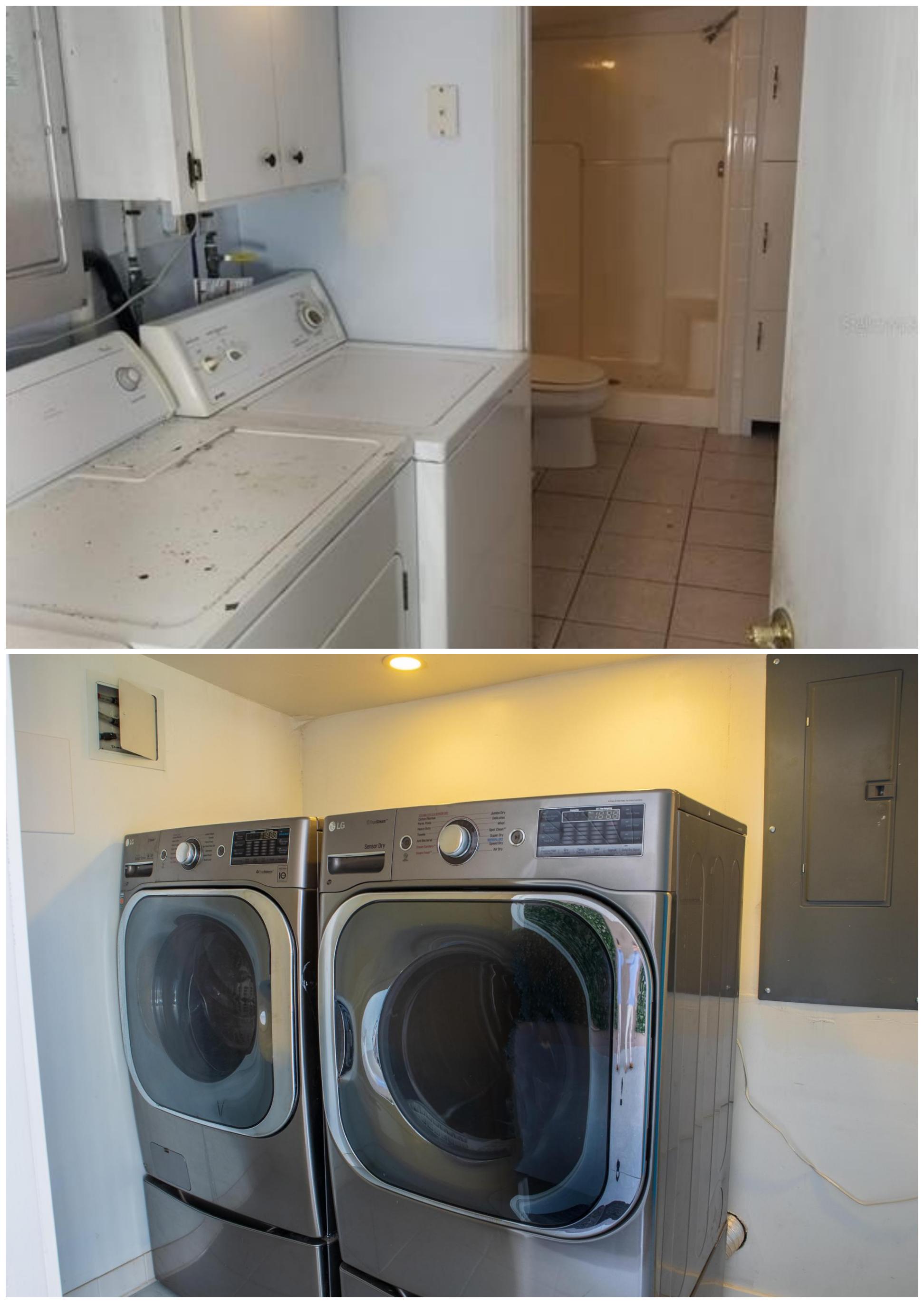 Before and after photos of a laundry room in a house