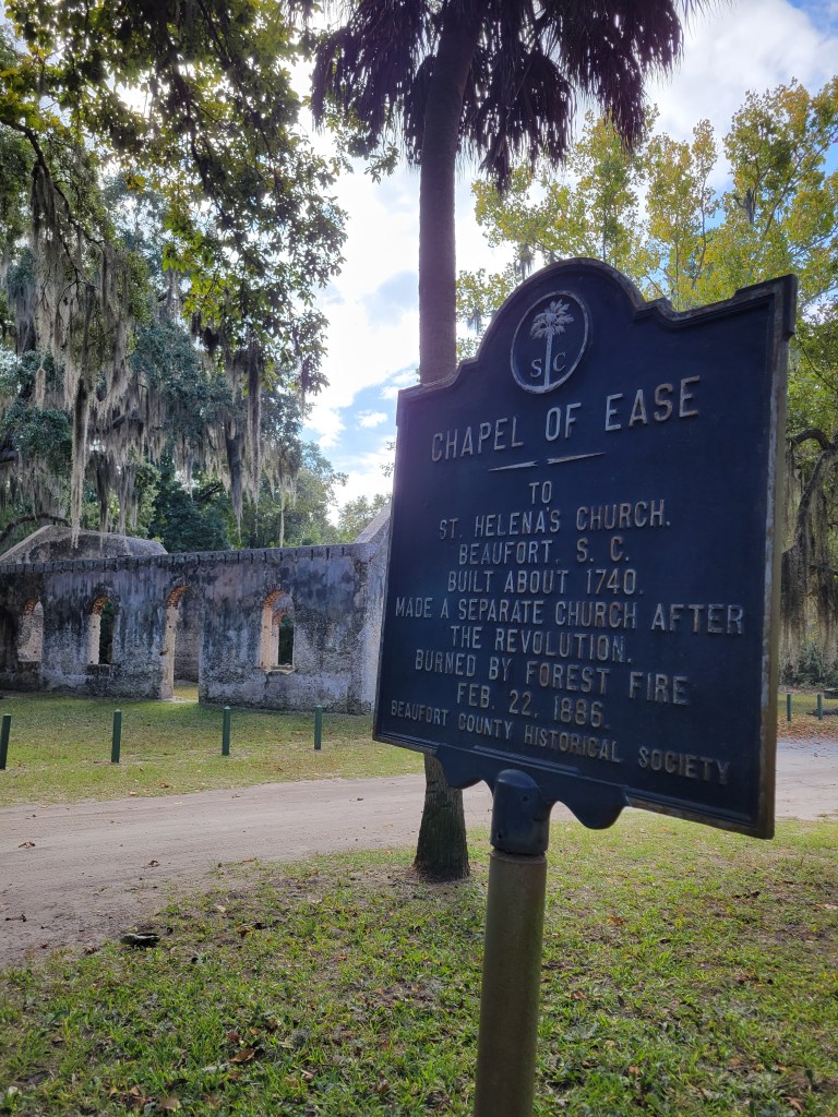 Historic Chapel of Ease ruins sign on Saint Helena Island in South Carolina