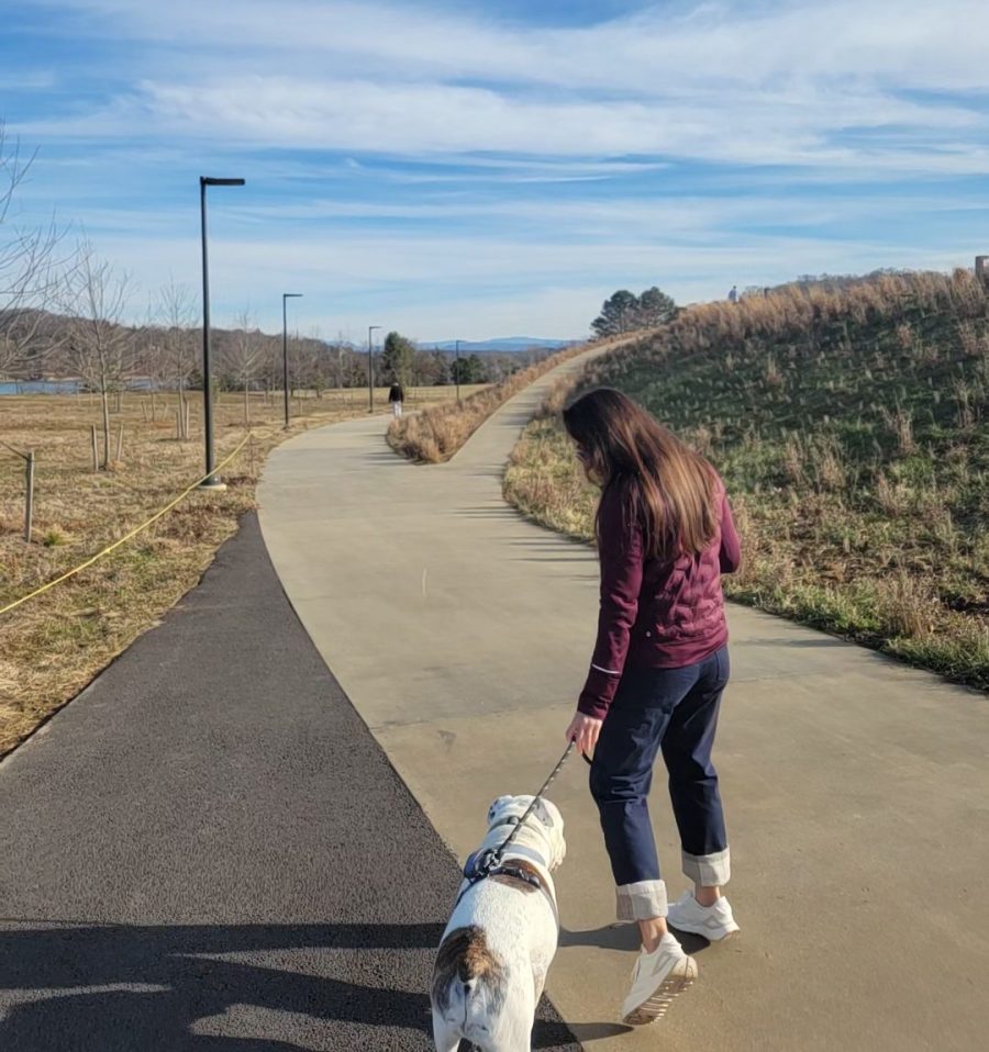 Woman and dog on a walk at a park