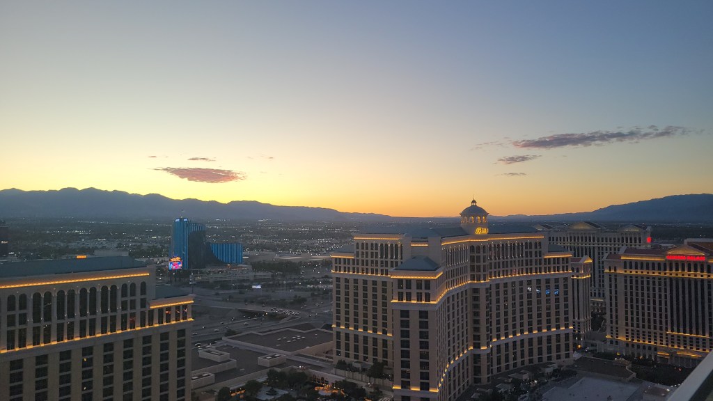 View of Bellagio hotel from a balcony in Las Vegas