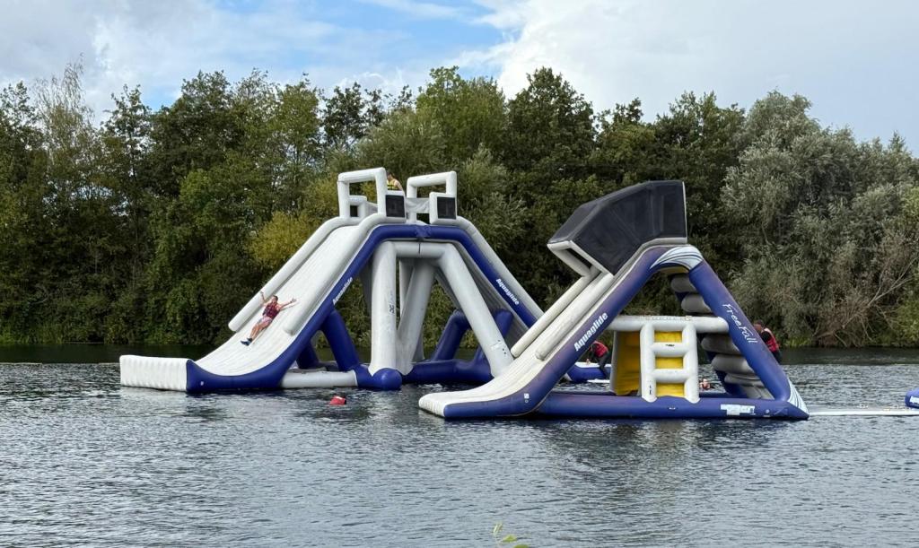 Inflatable slides on a lake 