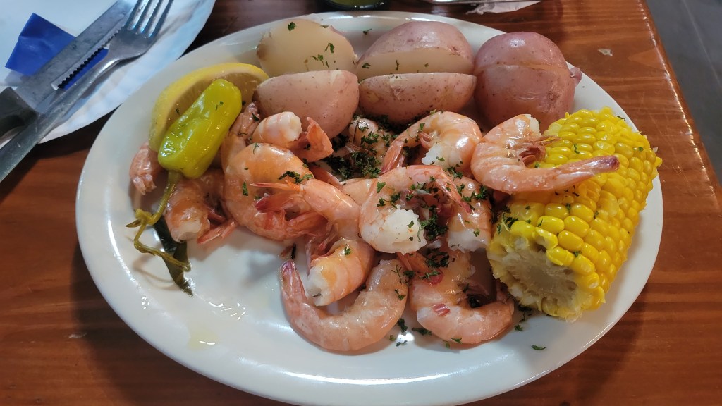 Coastal shrimp boil with potatoes and corn