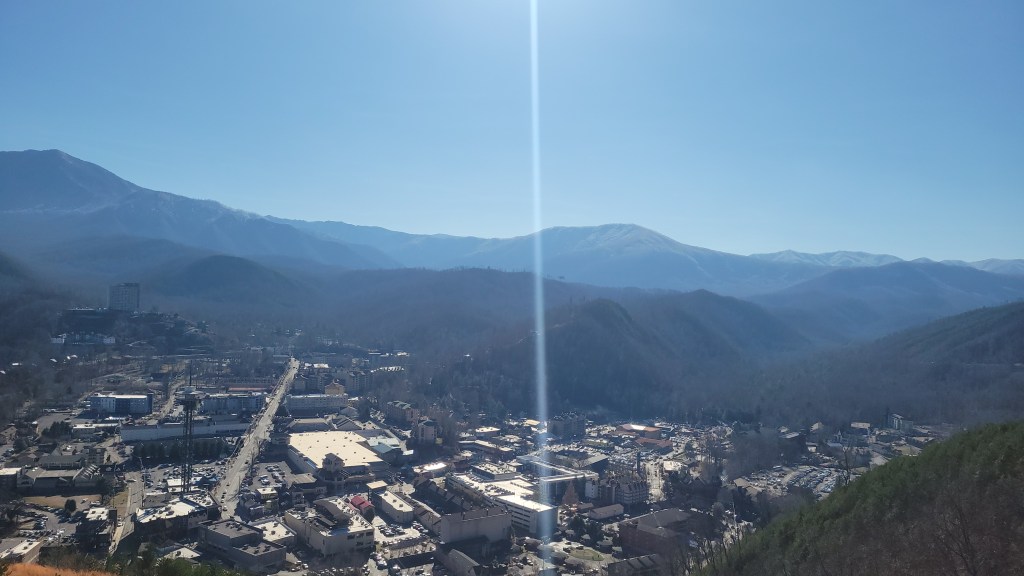 View of Gatlinburg and Smoky Mountains from the Gatlinburg SkyBridge in Tennessee