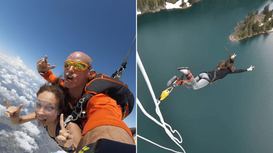 Split image of two people skydiving and a woman bungee jumping