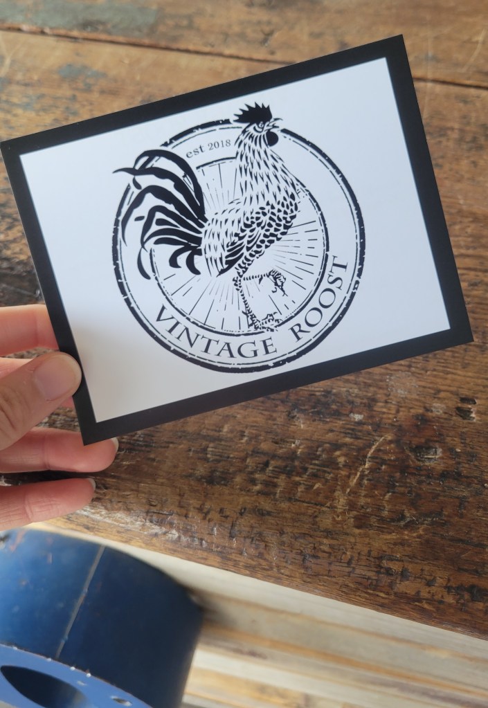 Vintage Roost postcard with rooster logo