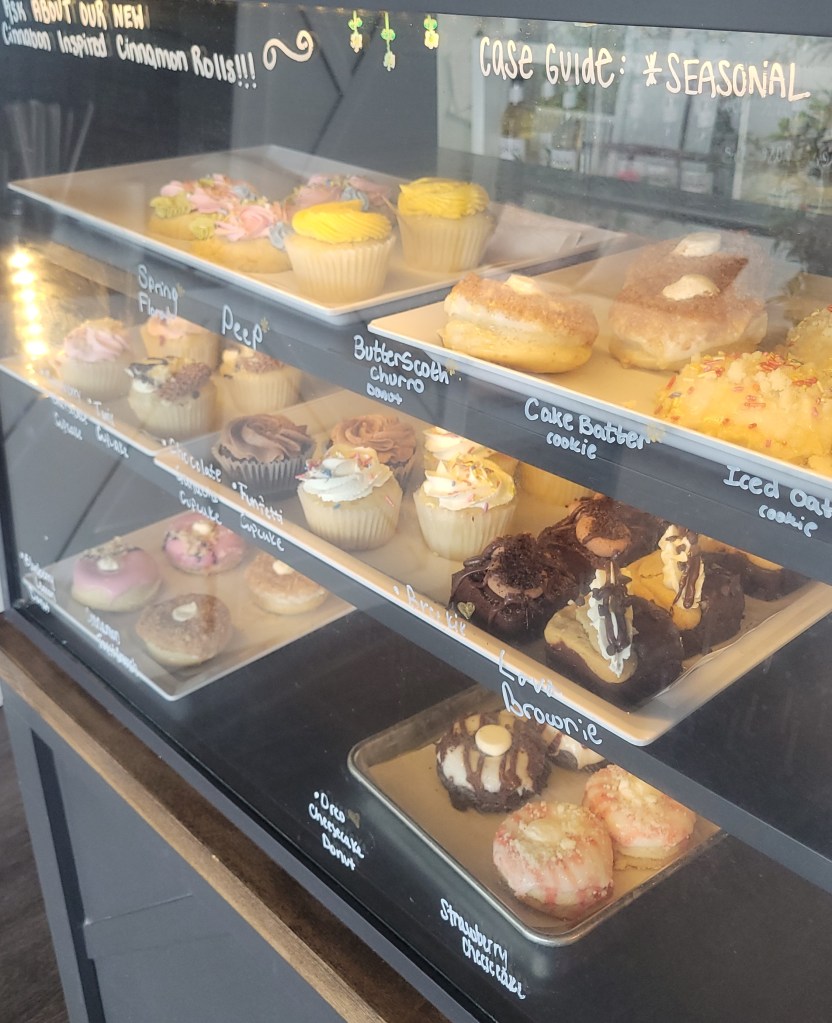 Baked goods in a glass case 