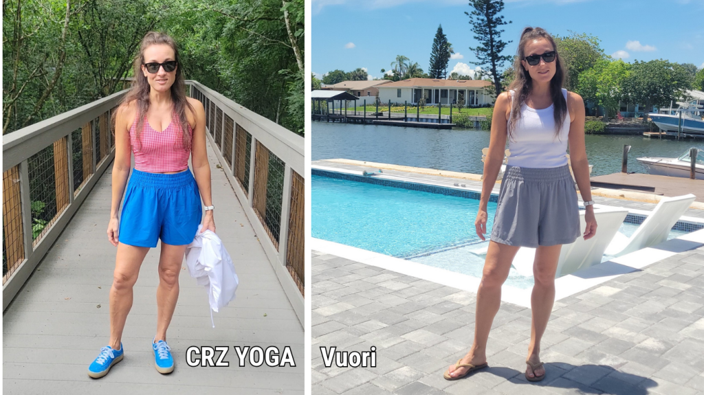 Side by side comparison of a woman wearing similar shorts