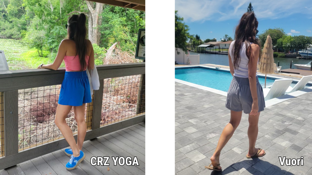 Side by side comparison of a woman wearing to very similar pairs of shorts from different brands