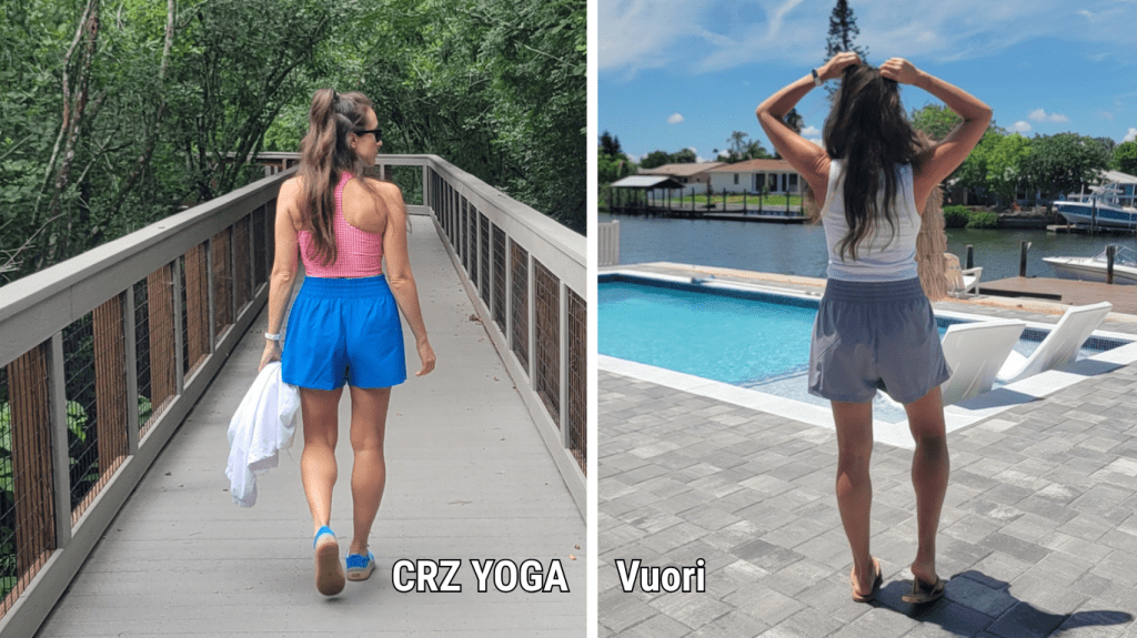 Side by side comparison of a woman wearing to very similar pairs of shorts from different brands