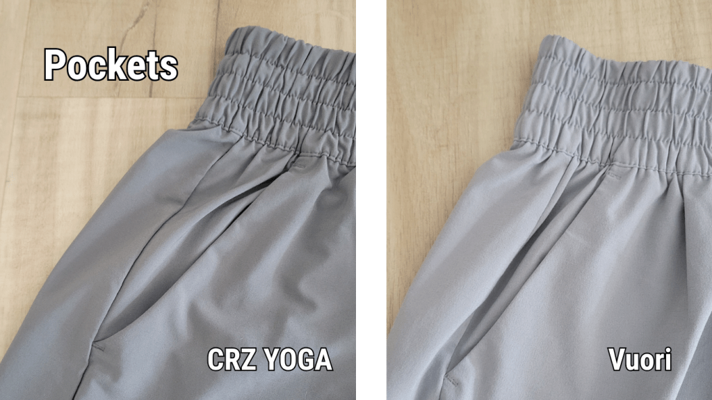 Side by side comparison of pockets on two similar pairs of shorts from different brands