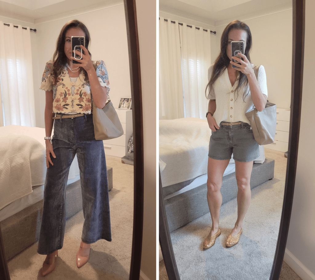 Side-by-side photos of a woman posing in front of a mirror, wearing different outfits