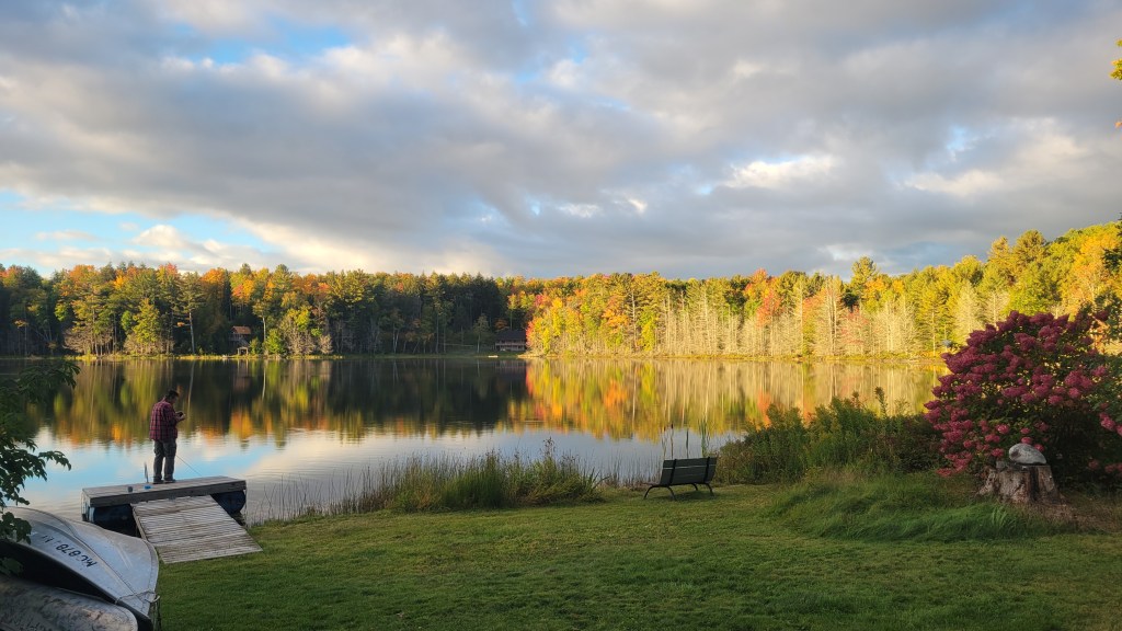 Backyard on a private lake with a dock